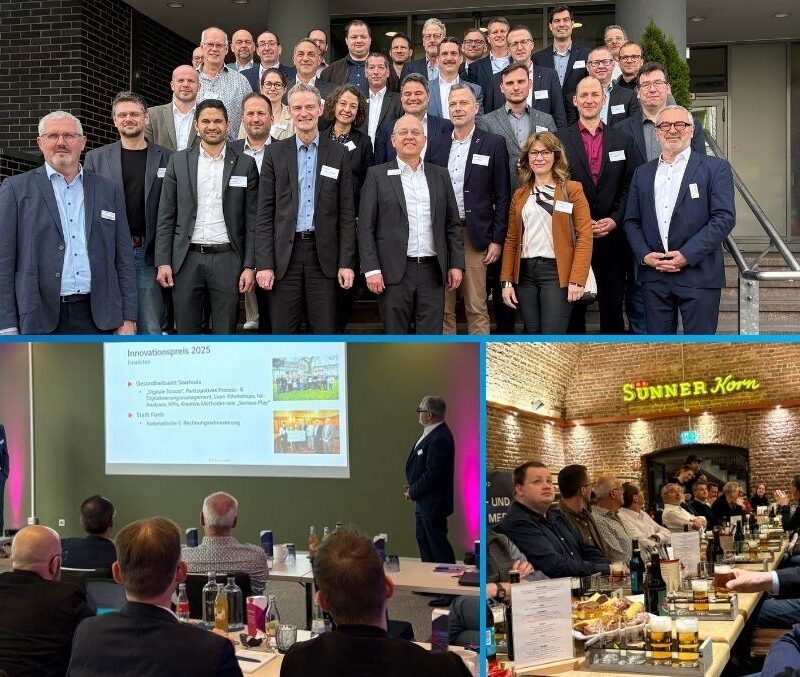 Collage aus Gruppenfoto, Vortragsszene und Eindruck der Abendveranstaltung in der Brauwelt beim Partnergroup Strategie- und Managementmeeting 2026 in Köln